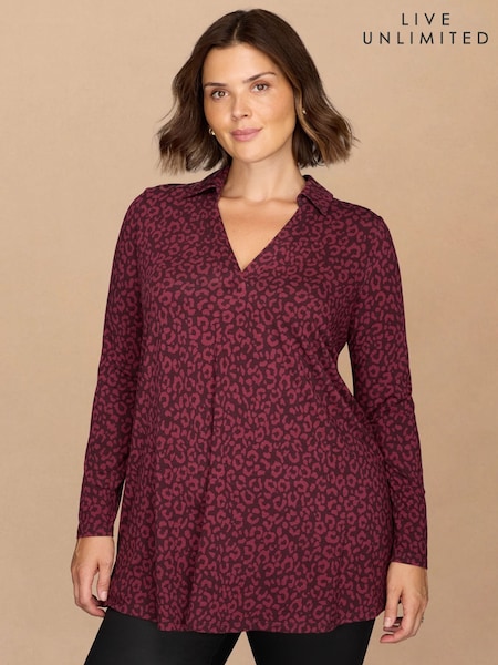 Live Unlimited Purple Print Long Sleeve Polo Collar Tunic (Y10426) | £55