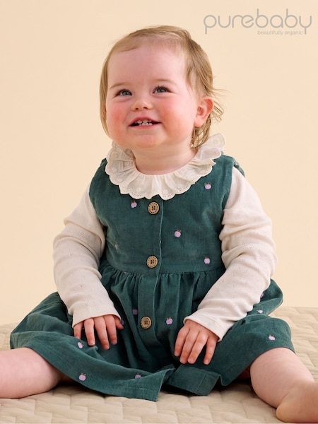 Purebaby Green Embroidered Corduroy Pinnie Dress (Y10525) | £35