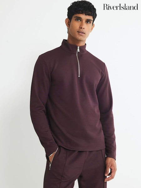 River Island Red Slim Fit Pique Half Zip Sweatshirt (Y11048) | £42