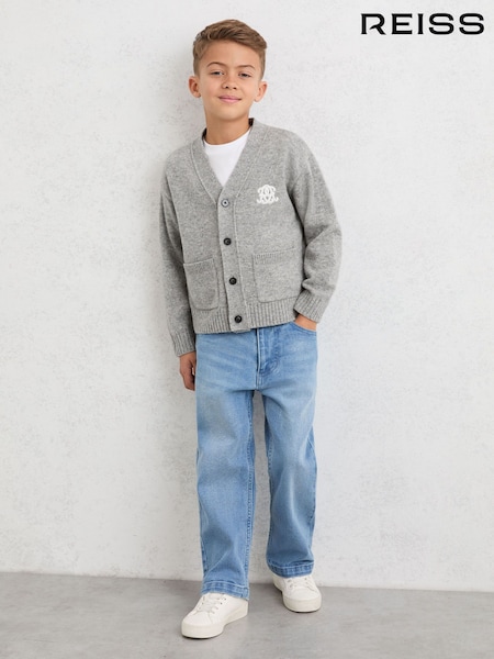 Reiss Soft Grey Melange Norris 9-13 yrs Monogram Relaxed Wool-Blend Cardigan (Y11096) | £46