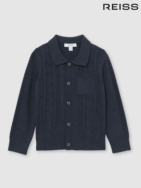 Reiss Navy Tumnus 13-14 yrs Stitch-Detail Polo-Collar Cardigan Cotton-Blend (Y11124) | £48