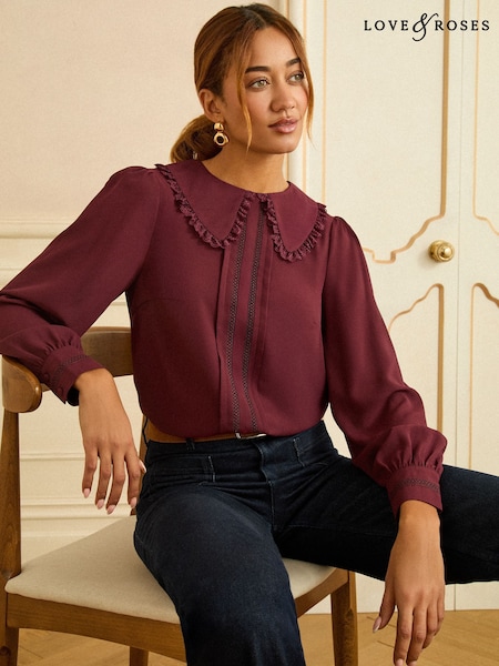Love & Roses Burgundy Red Long Sleeve Frill Collar Blouse (Y11160) | £39