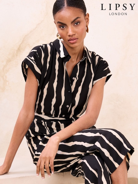 Lipsy Black/White Linen Look Stripe Short Sleeve Jumpsuit (Y11167) | £52