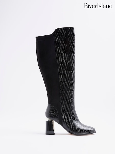 River Island Black Wide Fit Metal Heel Knee High Boots (Y11237) | £69
