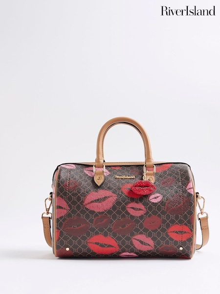 River Island Brown Morgan  Collab Lips Print Bowler Bag (Y11243) | £42