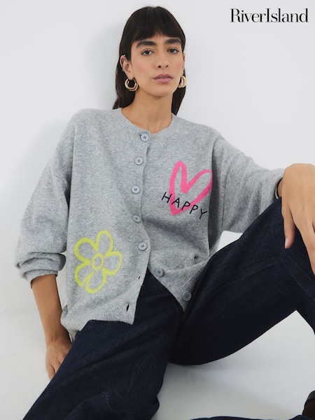 River Island Grey Happy Embroidered Cardigan (Y11244) | £46