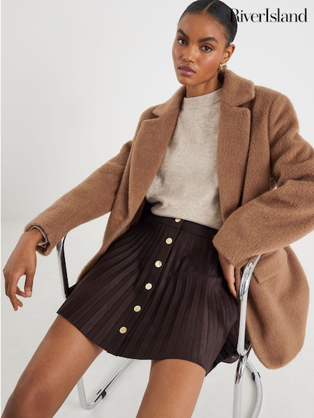 River Island Brown Suedette Button Pleated Mini Skirt (Y11258) | £35