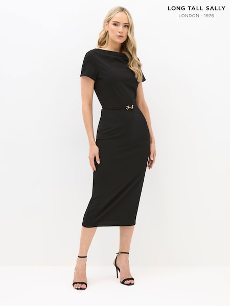 Long Tall Sally Black Belted Slash Neck Dress (Y11795) | £39