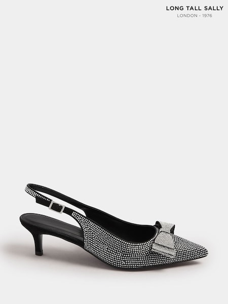 Long Tall Sally Black Sparkle Bow Slingback Heel Shoes (Y11812) | £50