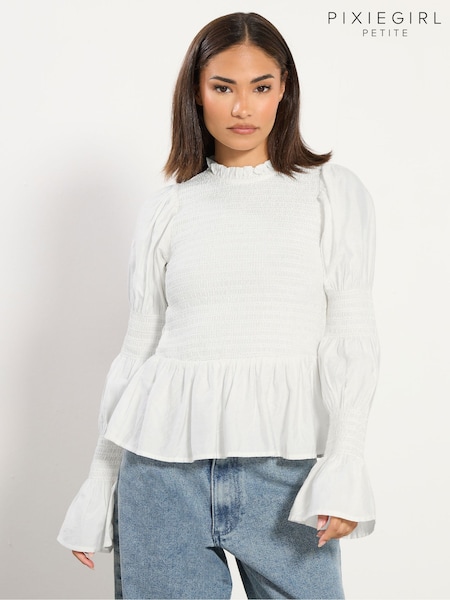 PixieGirl Petite Cream Long Sleeve Shirring Stock Top (Y11967) | £31