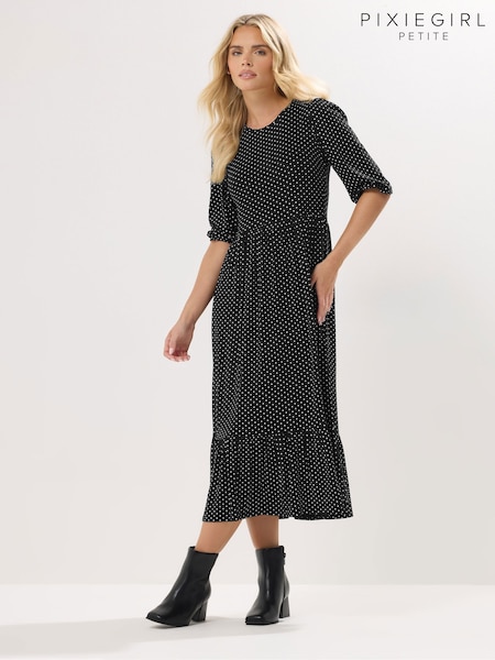 PixieGirl Petite Black Spotted Short Sleeve Midi Dress (Y11971) | £35