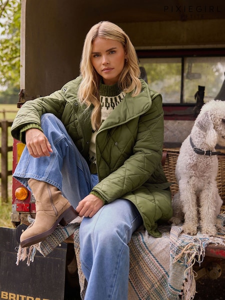 PixieGirl Petite Green Quilted Midi Coat (Y11982) | £65