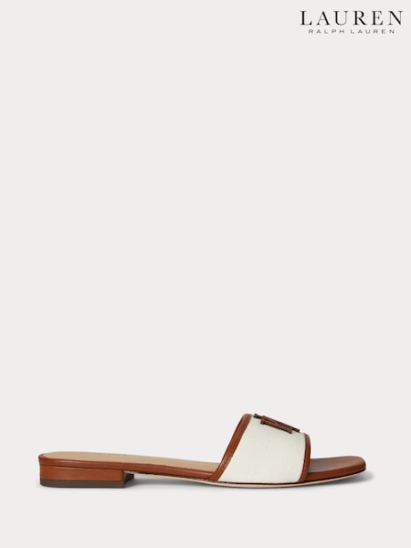 Lauren Ralph Lauren Brown Everley Leather-Trim Canvas Slide Sandals (Y12029) | £120