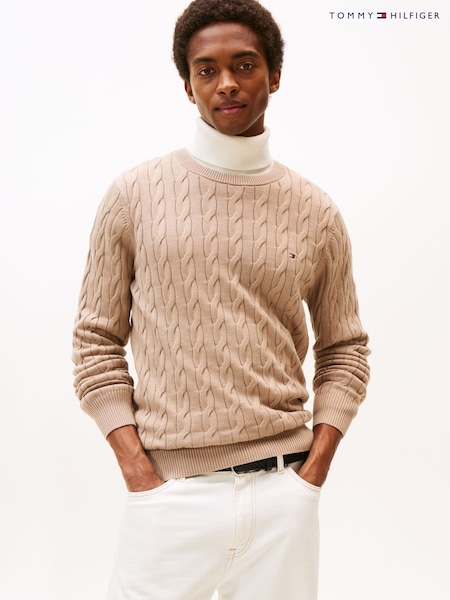 Tommy Hilfiger Brown Cable Knit Crew Neck Jumper (Y12119) | £130