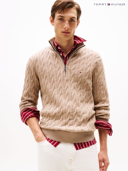 Tommy Hilfiger Brown Cable Knit Half Zip Jumper (Y12128) | £150
