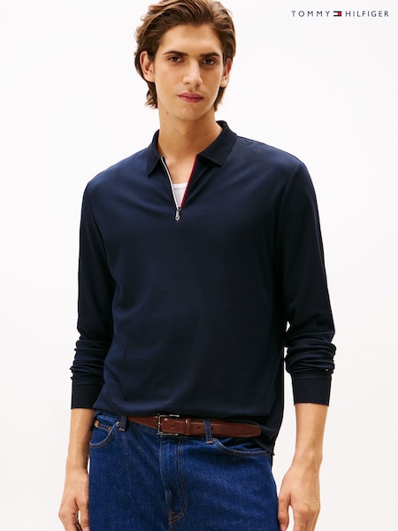 Tommy Hilfiger Blue Interlock Zip Long Sleeve Polo Shirt (Y12133) | £110