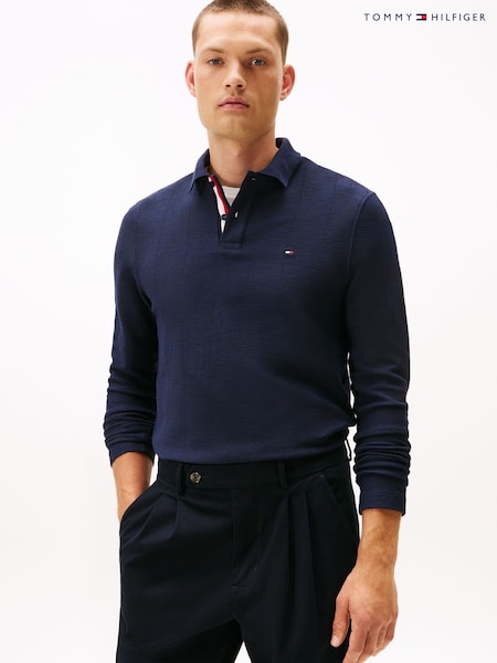 Tommy Hilfiger Blue Herringbone Jacquard Long Sleeve Polo Shirt (Y12154) | £110