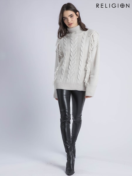 Religion Cream Oversized Jamie Roll Neck Jumper With Cable Detail And Fringing (Y12168) | £80