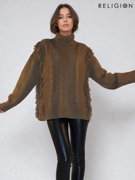 Religion Brown Oversized Jamie Roll Neck Jumper With Cable Detail And Fringing (Y12172) | £80