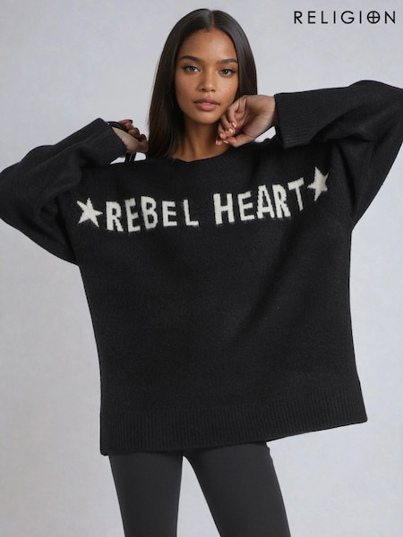 Religion Black Oversized Rebel Heart Slogan Jumper in Soft Yarn (Y12174) | £90