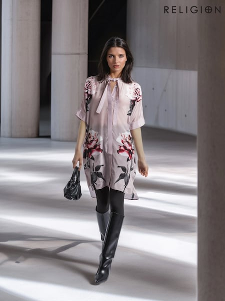 Religion Nude/Pink Diana Tunic Dress With Neck Tie In Rose Heart Print (Y12191) | £98