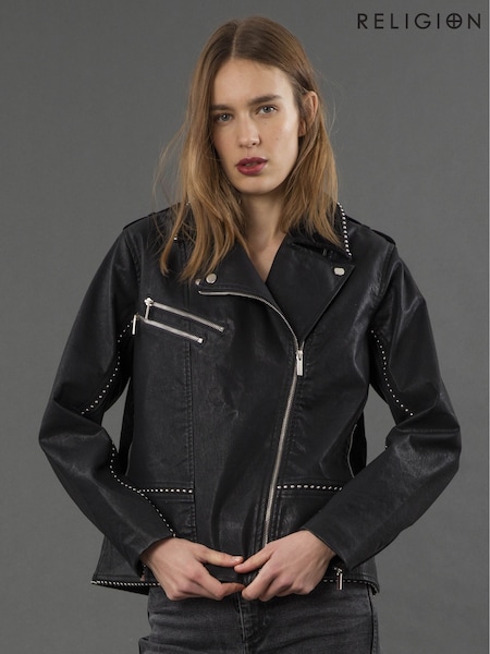 Religion Black Jane Faux Leather Biker Jacket With Zip And Stud Detailing (Y12194) | £165