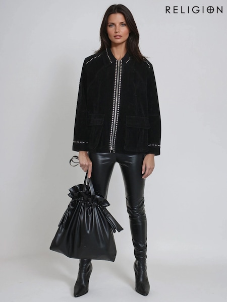 Religion Black Norah Suede Biker Style Jacket With Studs And Large Shirt Collar (Y12212) | £155