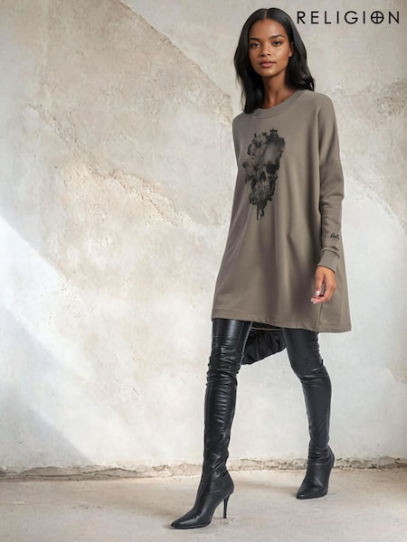 Religion Brown Flora Sweat Tunic Dress With Water Colour Skull Graphic (Y12225) | £85