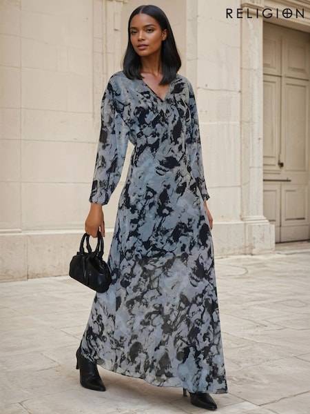 Religion Grey Lily Column Bias Cut Maxi Dress In Abstract All Over Print (Y12231) | £85