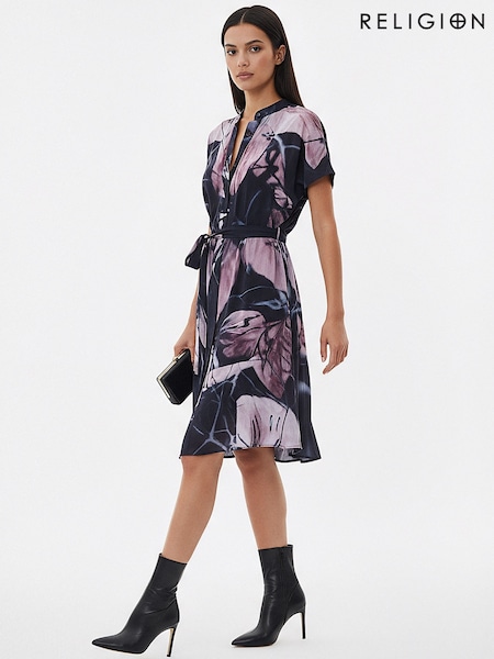 Religion Black Florence Tunic Shirt Dress With Frill Hem And Tie Waist In Large Dark Floral (Y12235) | £98