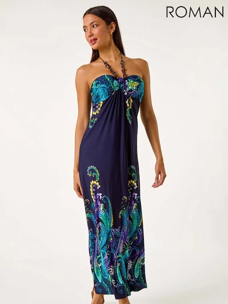 Roman Blue Paisley Beaded Necklace Bandeau Maxi Dress (Y12908) | £58