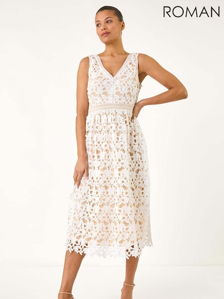 Roman White Lace Overlay V-Neck Midi Dress (Y12910) | £80