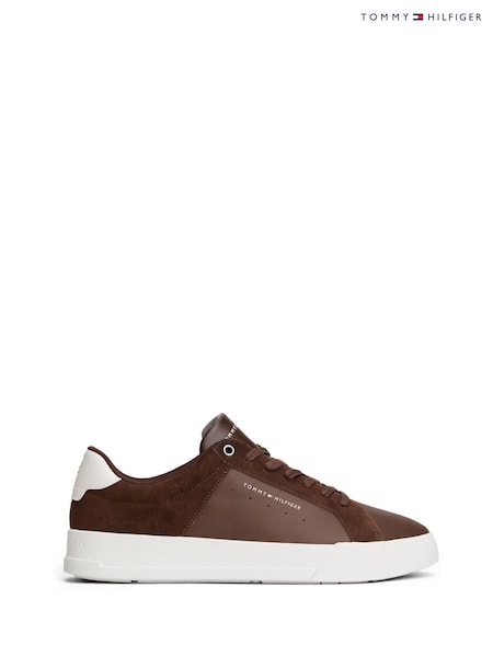 Tommy Hilfiger Brown Mixed Texture Leather Court Trainers (Y13018) | £100