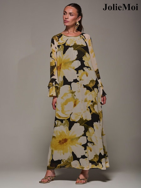 Jolie Moi Yellow Chiffon Long Sleeve Shift Maxi Dress (Y13042) | £75