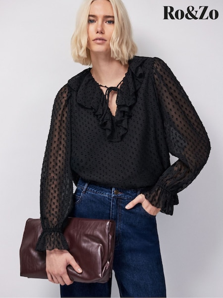 Ro&Zo Black Dobby Ruffle Front Blouse (Y13177) | £79