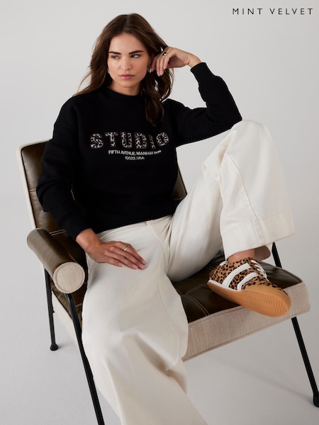 Mint Velvet Black Cotton Blend Graphic Motif Sweatshirt (Y13216) | £79