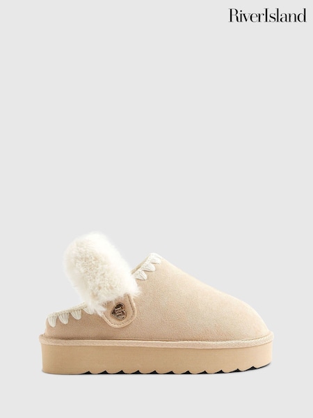River Island Cream Fur Strap Whipstch Slippers (Y13270) | £20