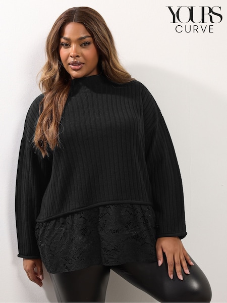 Yours Curve Black Lace Hem Jumper (Y13337) | £34