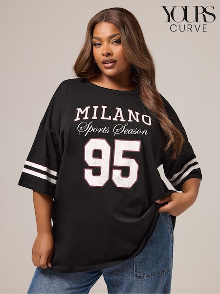 Yours Curve Black Placement Varsity 95 Boxy T-Shirt (Y13395) | £20