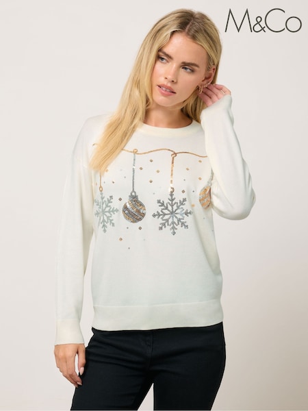 M&Co White Petite Sequin Bauble Jumper (Y13411) | £36