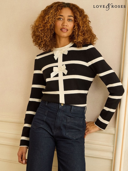 Love & Roses Black And White Striped Bow Detail Knitted Jumper (Y13476) | £40
