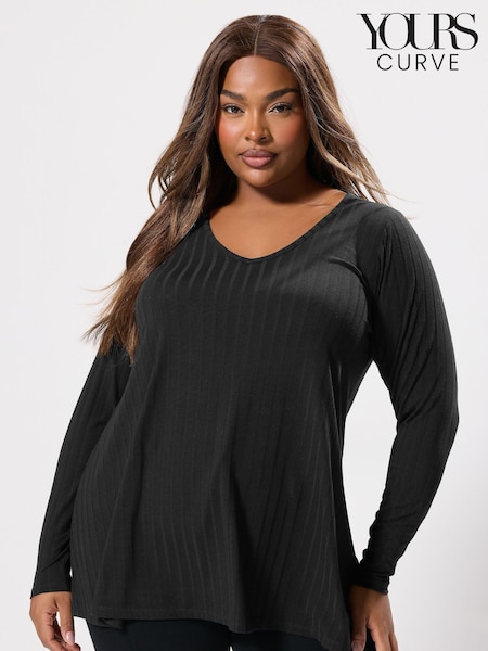 Yours Curve Black Plunge Neck Ribbed Swing T-Shirt (Y13516) | £22