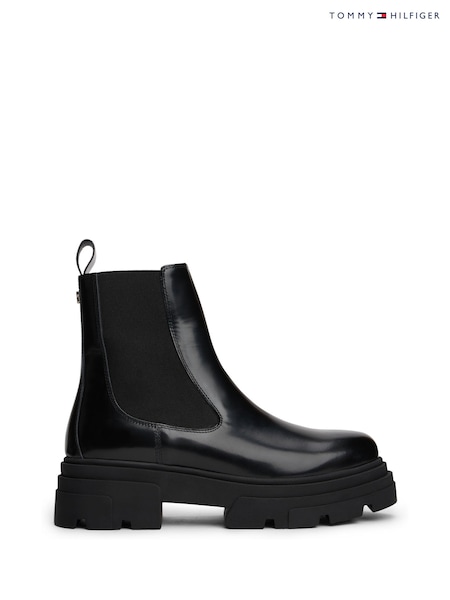 Tommy Hilfiger Black Shiny Leather Cleat Chelsea Boots (Y13723) | £160