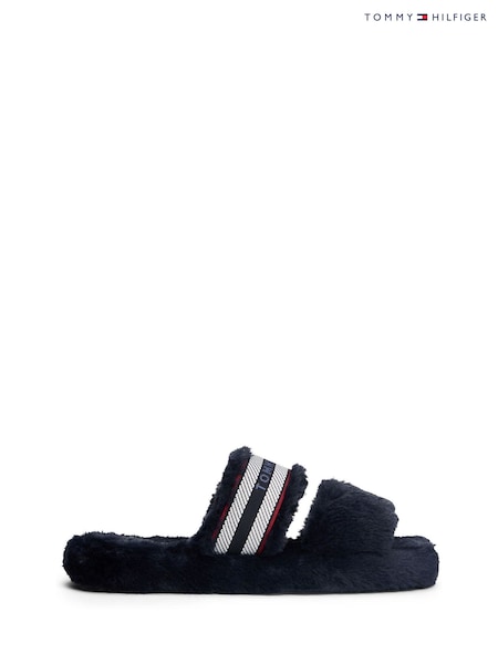 Tommy Hilfiger Blue Faux Fur Woven Logo Slippers (Y13726) | £45