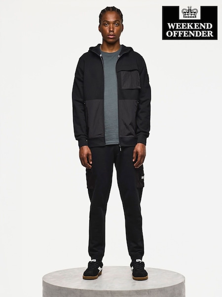 Weekend Offender Daponte Zip Through Black Hoodie With Parachute Overlay (Y13883) | £95