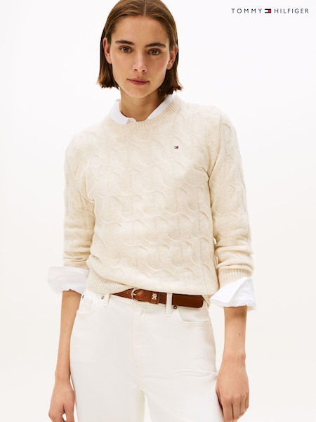 Tommy Hilfiger Cream Cable Knit Soft Wool Jumper (Y13909) | £140