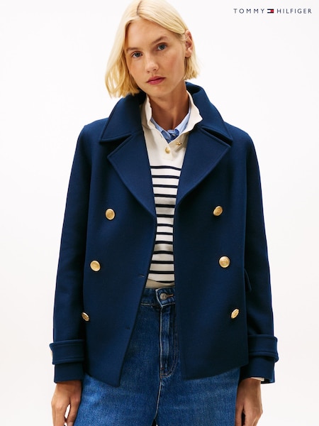 Tommy Hilfiger Blue Wool Blend Double Breasted Peacoat (Y13940) | £320