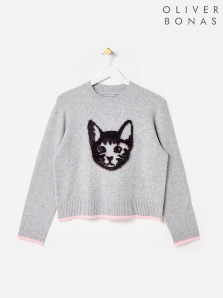 Oliver Bonas Grey Fluffy Cat Knitted Jumper (Y13960) | £70