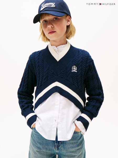 Tommy Hilfiger Blue Crest Embroidery Cable Knit V-Neck Cropped Jumper (Y14297) | £55 - £65