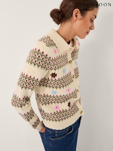 Monsoon Natural Ella Floral Collar Cardigan (Y14306) | £65